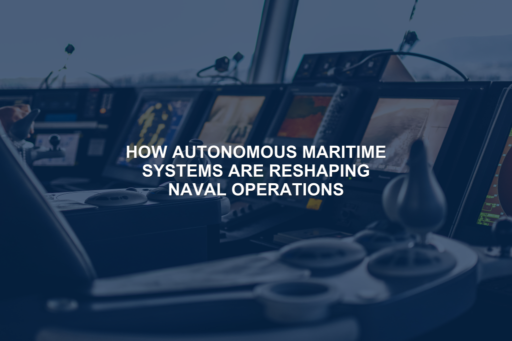 Autonomous maritime systems vessel bridge with advanced navigation displays and controls