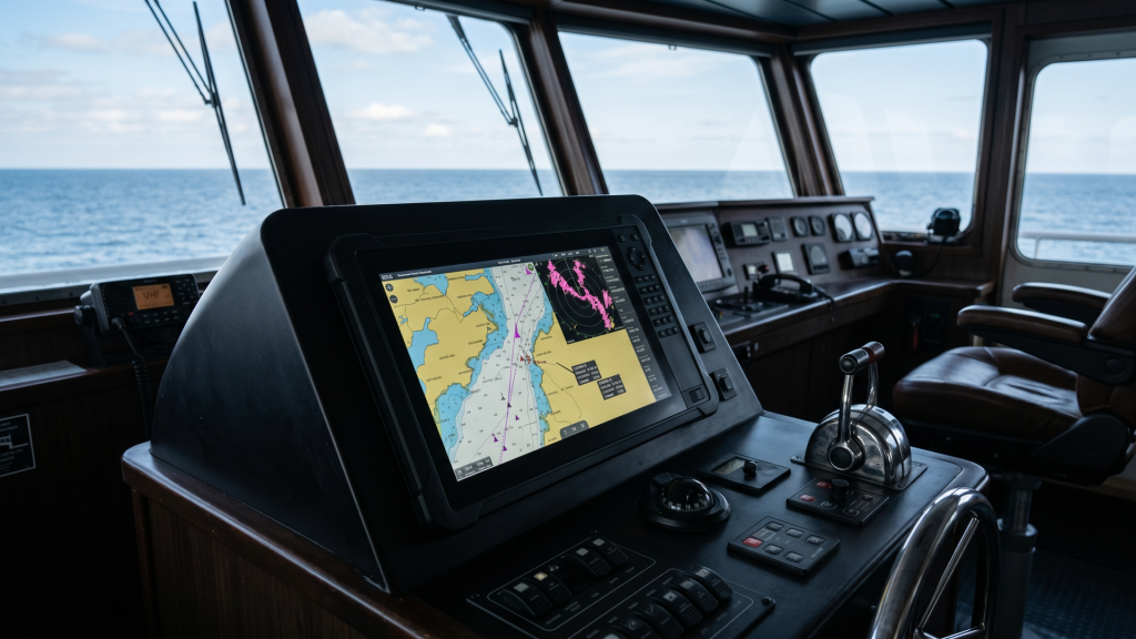Marine panel PC mounted in a vessel bridge console showing electronic chart navigation