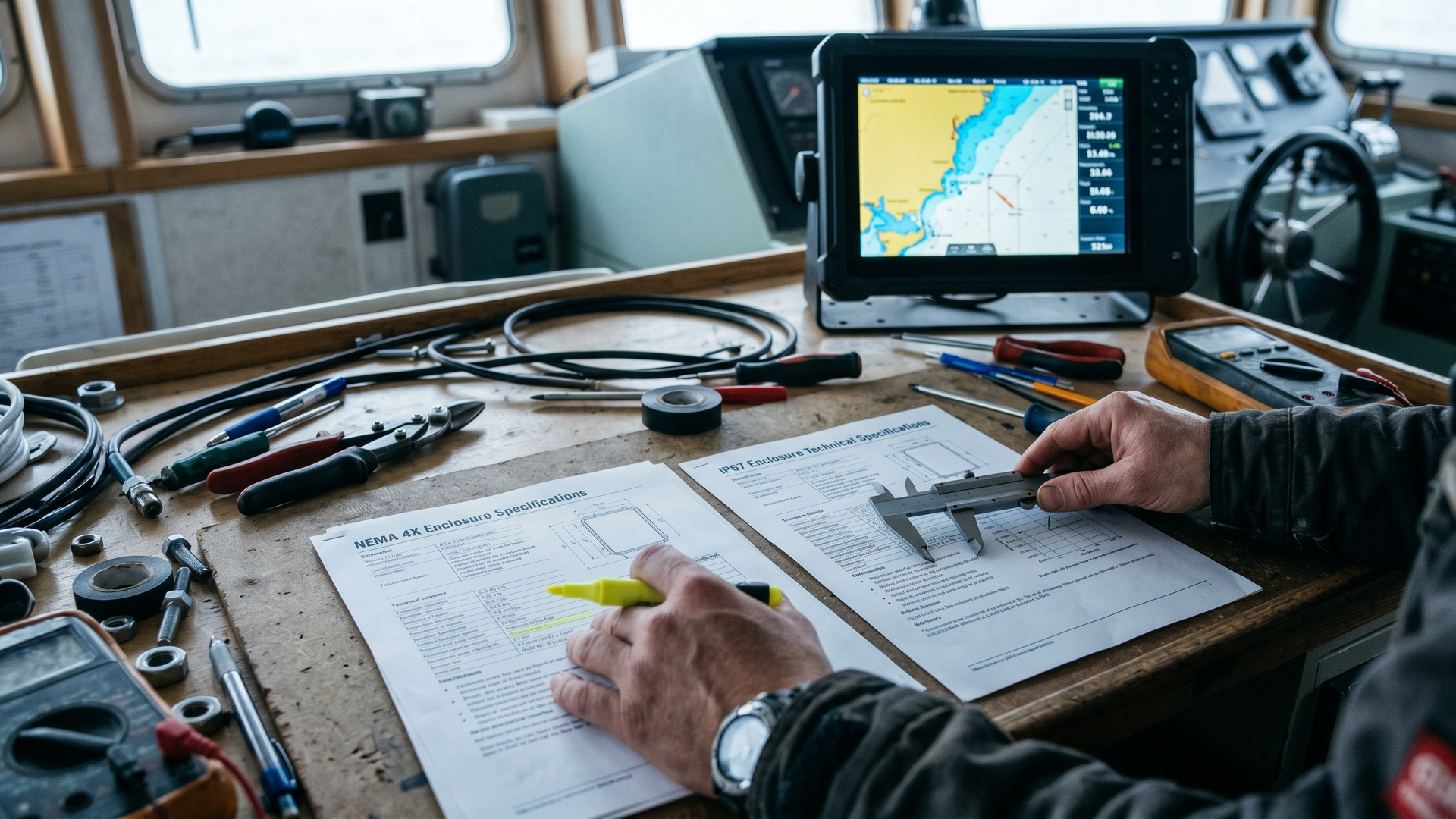 Marine engineer comparing NEMA 4X and IP67 spec sheets at a workbench with a rugged sealed marine display mounted to a vessel helm console in the background