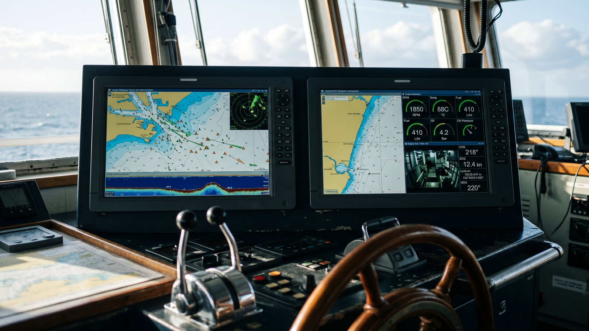 Two adjacent rugged marine monitors at a commercial vessel helm console: the left displays a chart plotter with electronic charts and AIS targets, the right displays a multi-window navigation workstation with engine telemetry and a live engine-room camera feed.