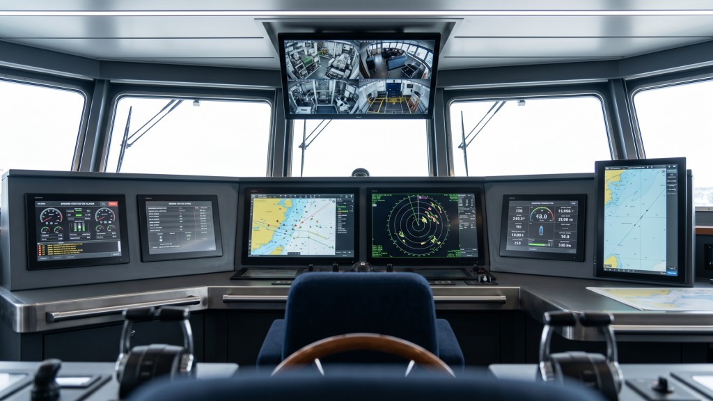 Commercial vessel bridge console with six rugged marine monitors flush-mounted across multiple stations: two 27-inch helm displays running electronic charts and radar, two 19-inch displays at engine and conning stations, a 32-inch overhead CCTV multiview, and a 24-inch chart-and-planning panel at a side console, viewed from the watch officer's seated eye level.