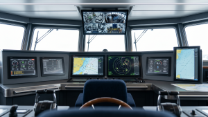 Industrial Catalog image by Seatronx Commercial vessel bridge console with six rugged marine monitors flush-mounted across multiple stations: two 27-inch helm displays running electronic charts and radar, two 19-inch displays at engine and conning stations, a 32-inch overhead CCTV multiview, and a 24-inch chart-and-planning panel at a side console, viewed from the watch officer's seated eye level.