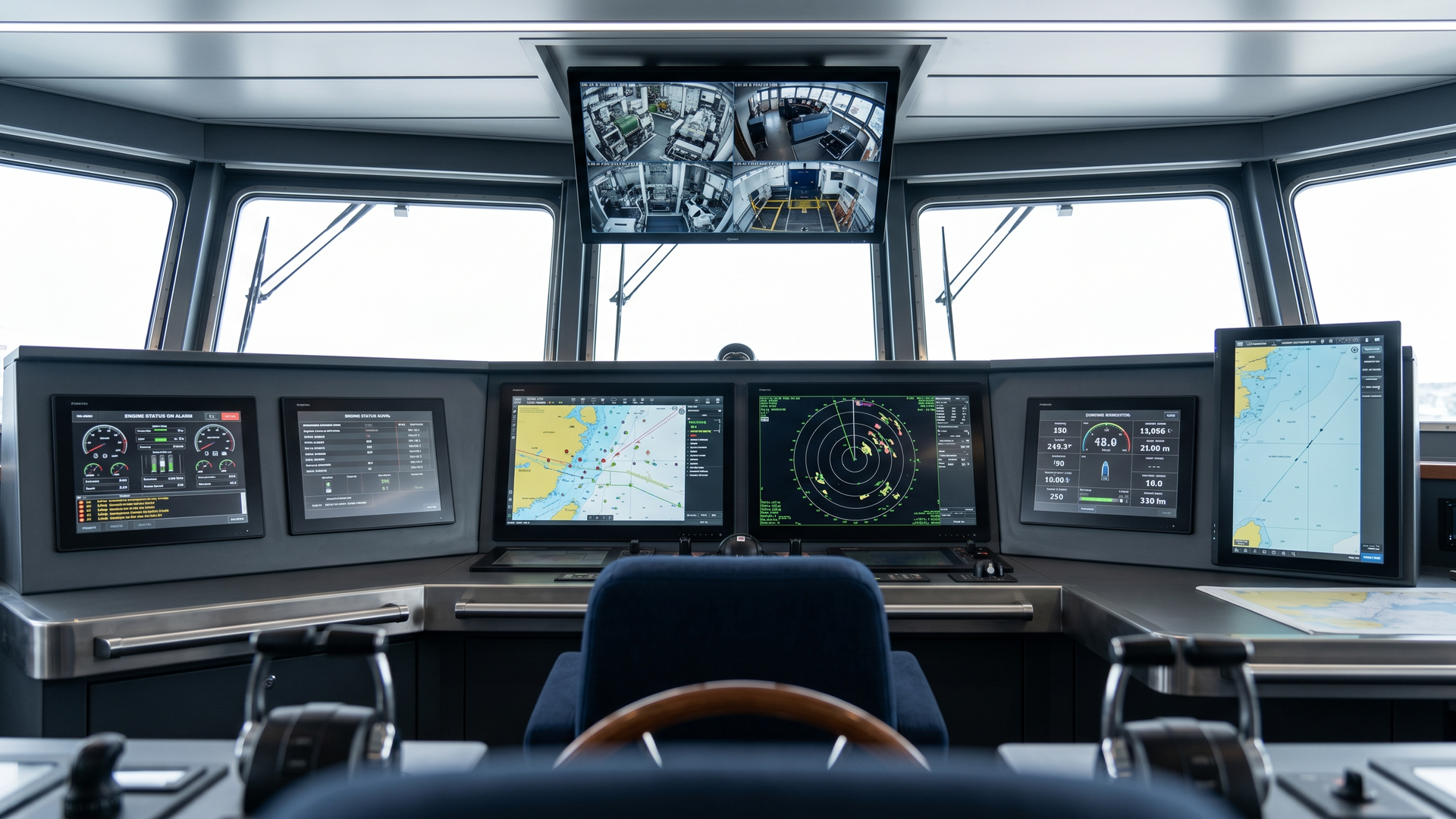 Commercial vessel bridge console with six rugged marine monitors flush-mounted across multiple stations: two 27-inch helm displays running electronic charts and radar, two 19-inch displays at engine and conning stations, a 32-inch overhead CCTV multiview, and a 24-inch chart-and-planning panel at a side console, viewed from the watch officer's seated eye level.