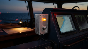 Industrial Catalog image by Seatronx Brushed-aluminum BNWAS reset module at a ship bridge conning station, with an amber dormant-timer indicator and a silver mushroom-cap reset push-button beside the ECDIS and radar displays at dusk.