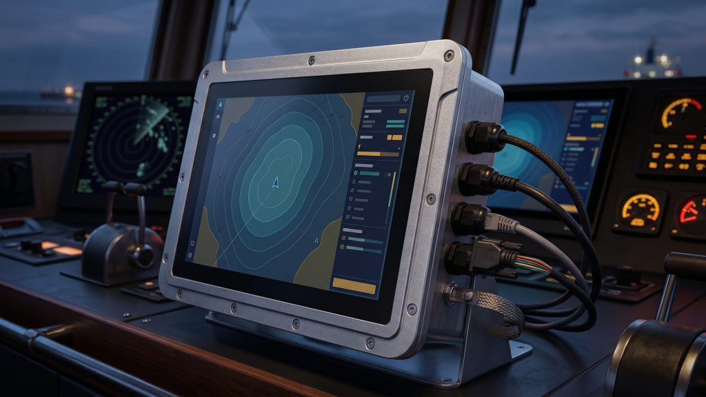 RMD-55-W image by Seatronx Sealed brushed-aluminum marine panel PC at a commercial helm running a night-mode electronic-chart-display interface, with cable glands and a radar console visible in the wheelhouse background.