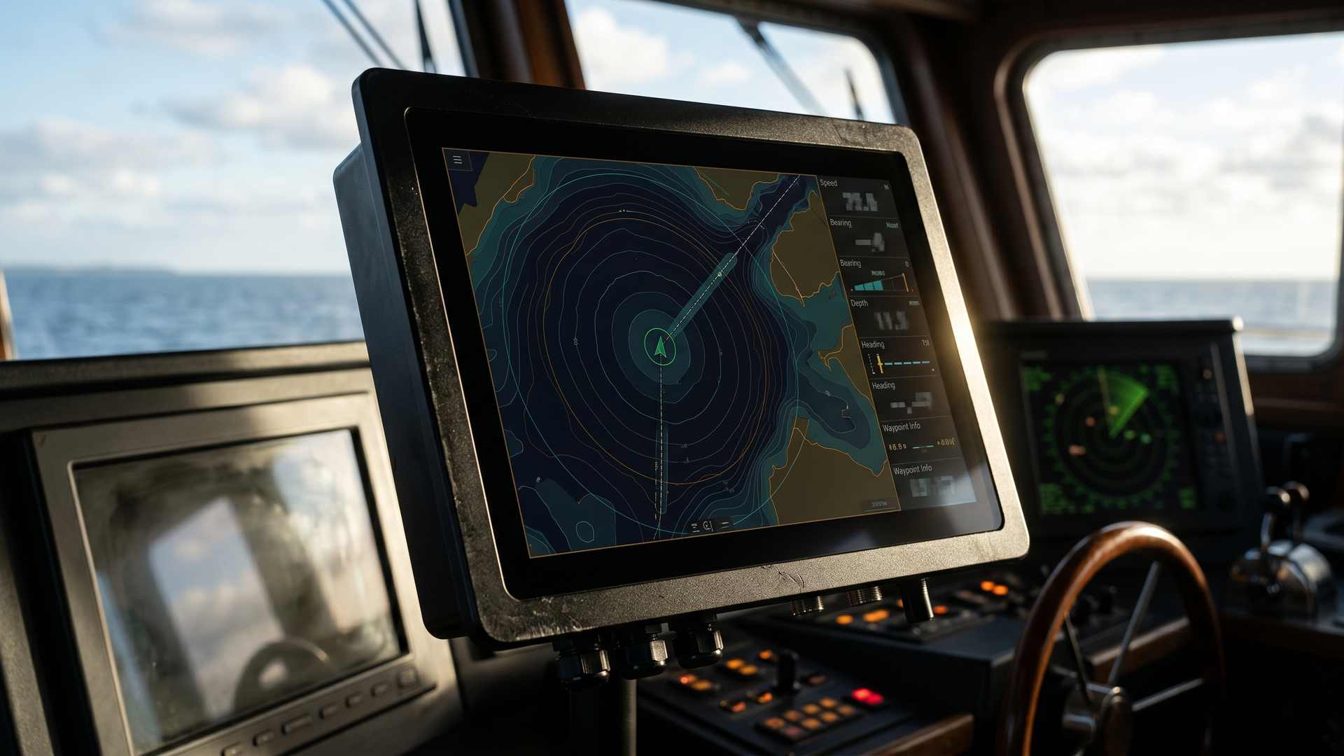 Sealed marine bridge display with optically bonded LCD showing an electronic chart in night mode under bright wheelhouse daylight, with a radar PPI display, ship wheel, and helm controls in the background of a commercial vessel pilothouse.