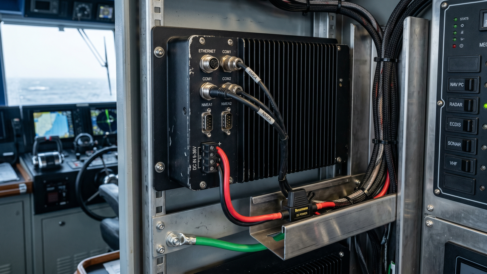 Sealed fanless marine bridge computer mounted inside a vessel electronics cabinet, with labelled isolated COM1 and COM2 serial ports, an Ethernet jack, NMEA terminals, an M12 power connector, and a red DC positive lead protected by an inline fuse alongside a green tinned bonding wire bolted to the chassis. A marine DC breaker panel with NAV PC, RADAR, ECDIS, SONAR, and VHF labels is visible to the right, and the helm wheel and chart display are blurred in the background through a bridge window.