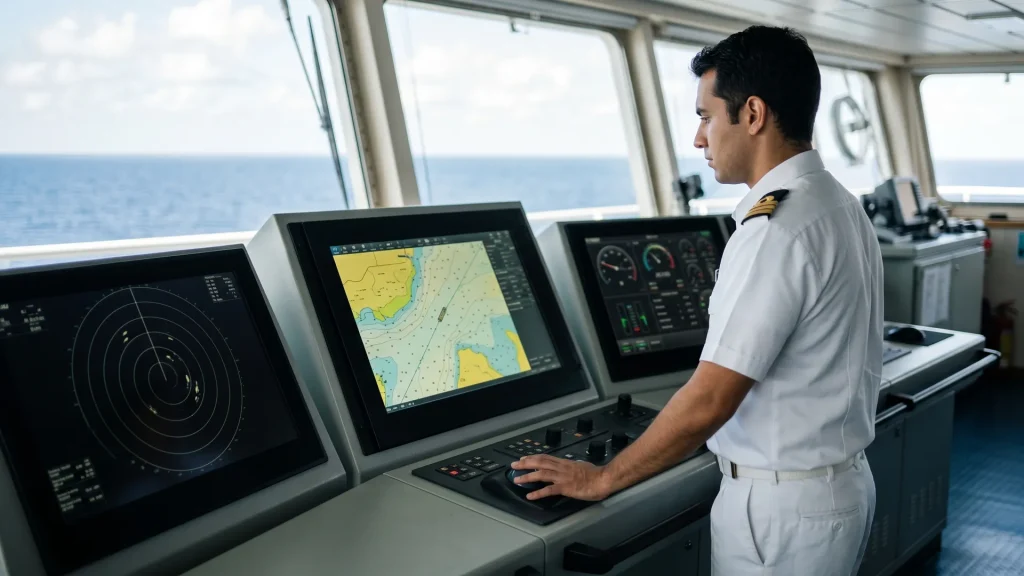 Bridge officer at a primary ECDIS workstation on a commercial vessel reviewing a chart display