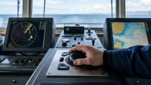 Operator's hand using an industrial panel-mount trackball on a marine vessel bridge console between an ECDIS chart display and a radar display