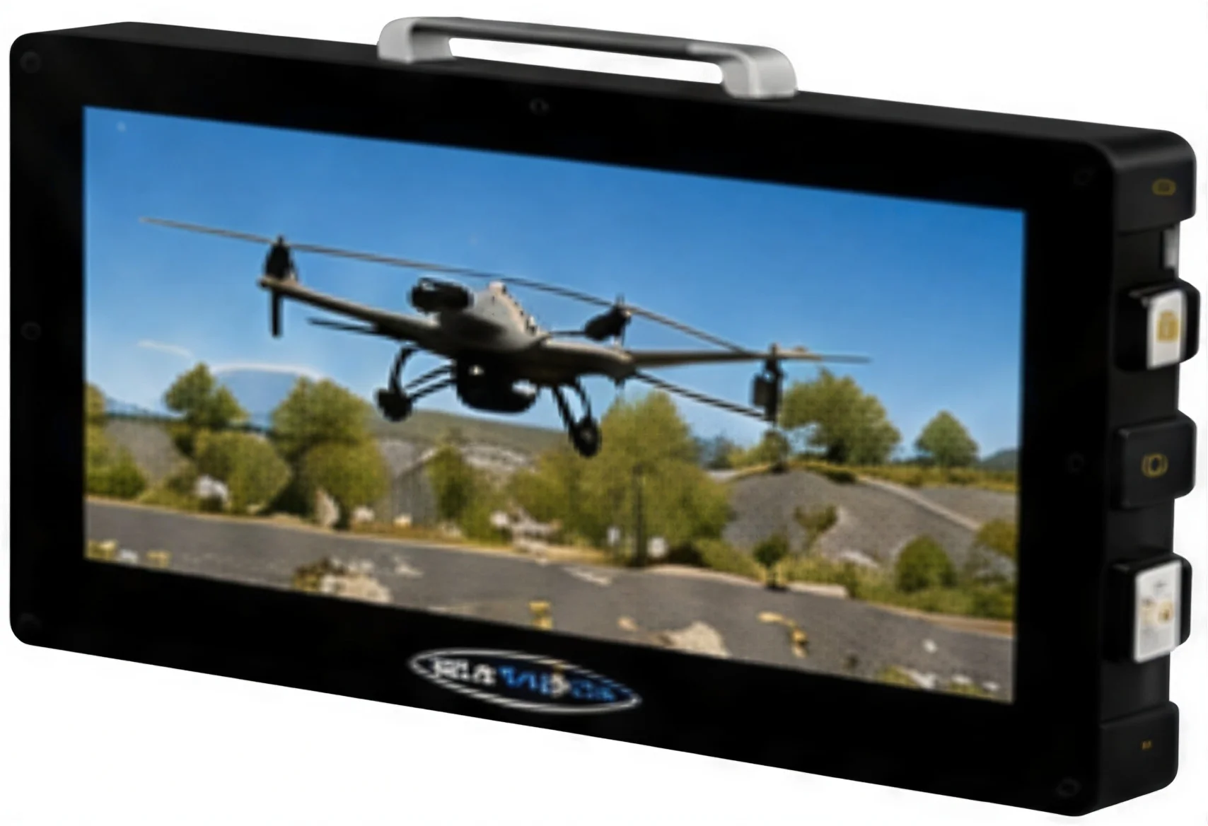Rugged Seatronx field display showing a drone application, representing drone control and monitoring software in demanding environments.