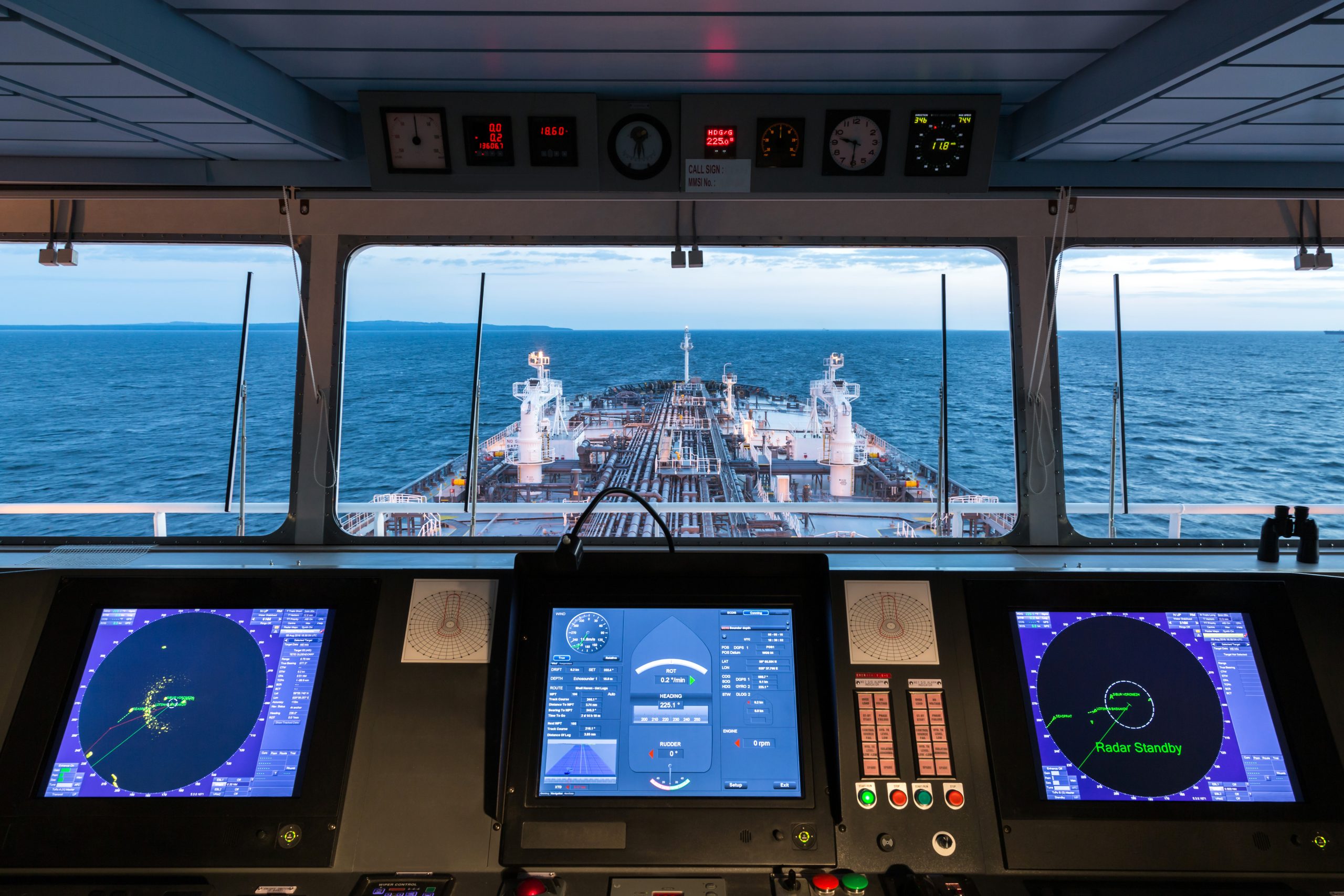Cargo control panel on a crude oil tanker showing gauges, indicators, and switch banks -- the kind of marine workstation that often sits in an ATEX-classified Zone 1 or Zone 2 area.
