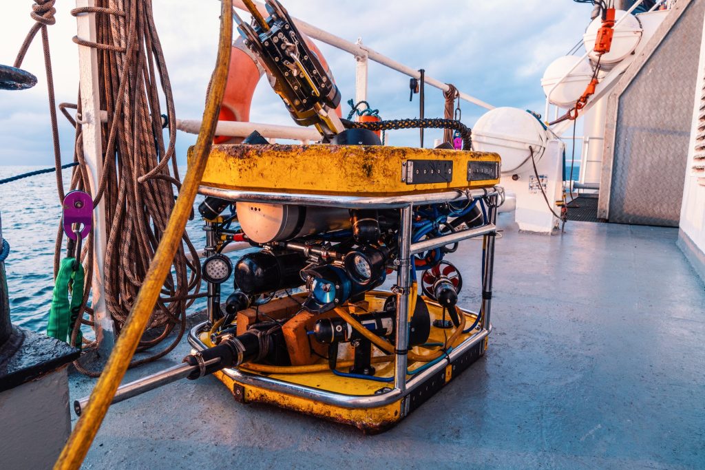 Vehicle And Heavy Equipment image by Seatronx Inspection ROV with floodlights and camera housings on the after deck of an offshore support vessel