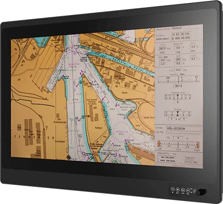 Black-framed display showing a nautical chart and data panel, with controls on the lower right bezel.