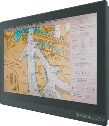 Dark gray display showing a nautical chart and data panel, with a row of controls along the lower bezel.