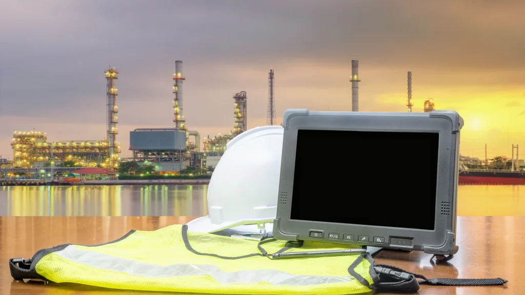 Vehicle And Heavy Equipment image by Seatronx Rugged tablet with a tethered stylus beside a hard hat and safety vest at a waterfront refinery