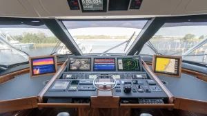 Yacht helm with an integrated bank of marine electronics displays showing thermal camera, camera views, sonar, radar and chartplotter screens