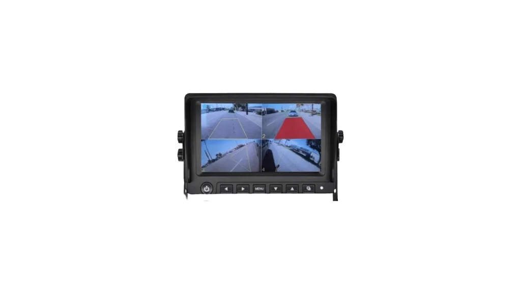 GF SENT SER BKBX image by Seatronx Black vehicle monitor showing four camera views of a street, with yellow guide lines and one red highlighted area, above a row of control buttons.