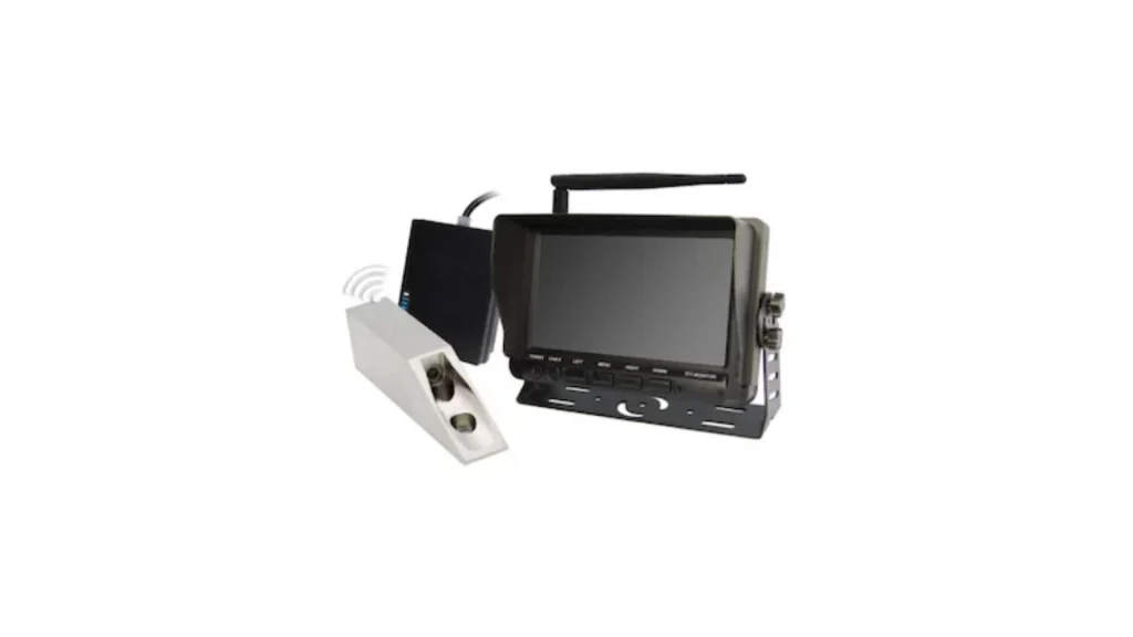 GF SENT SER BKBX image by Seatronx Product render on a white background of a wireless camera kit: a monitor with a sun hood and antenna, a flat dark box with a cable, and a wedge-shaped gray camera housing.