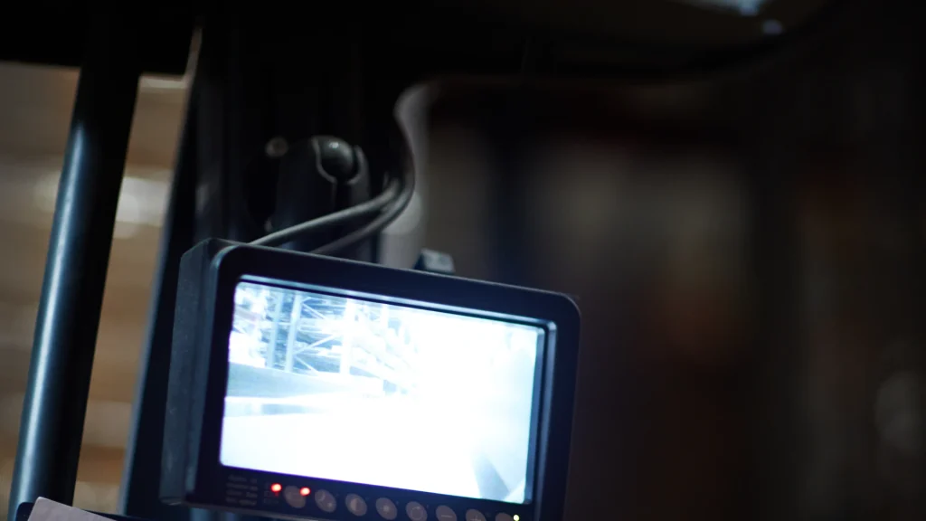 Markets image by Seatronx A black camera monitor with a row of control buttons, mounted on a ball-joint bracket beside a dark metal frame. Its screen shows a bright, washed-out view of warehouse shelving.